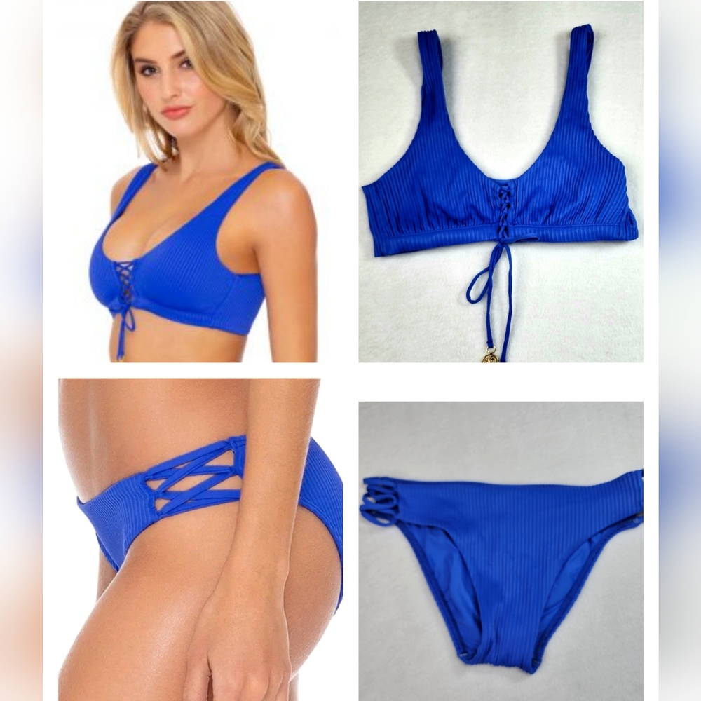 $200 LULI FAMA XS Orillas Blue My Mind Ribbed Two Piece Swimsuit Bikini …